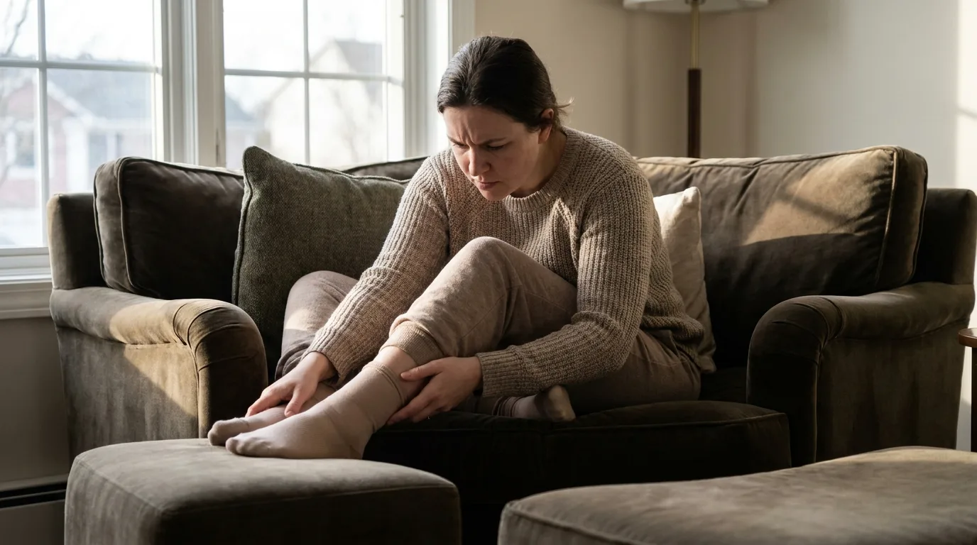 Personne observant ses pieds gonflés en fin de journée