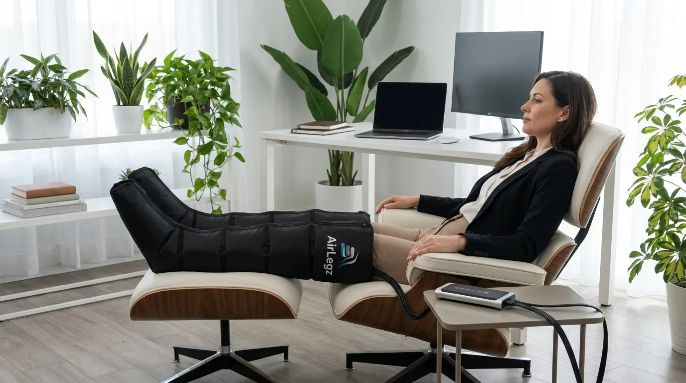 Personne au repos en bottes de compression à la maison