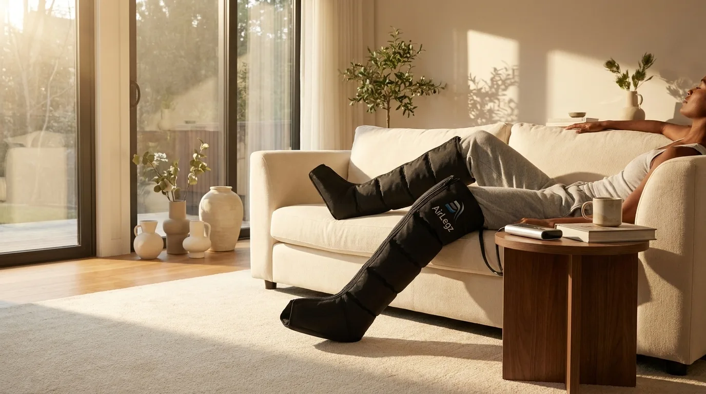 Bottes de compression enveloppant la jambe jusqu'à la cuisse
