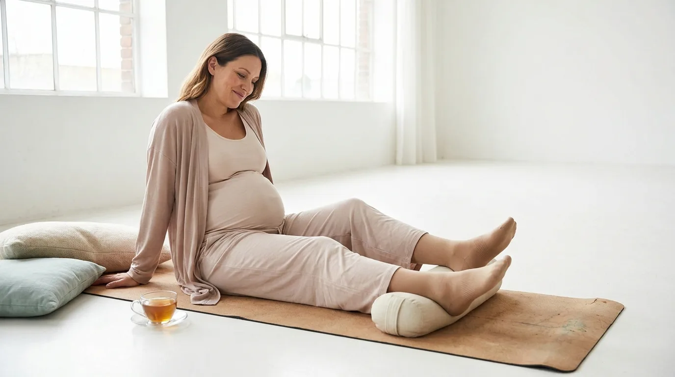 Femme enceinte assise, jambes au repos