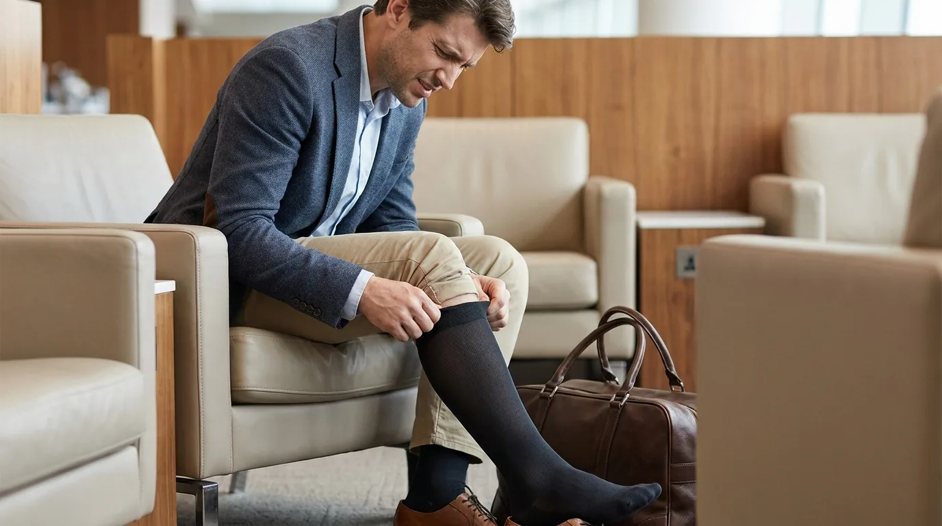 Voyageur ajustant ses chaussettes en salon d'attente avant un vol